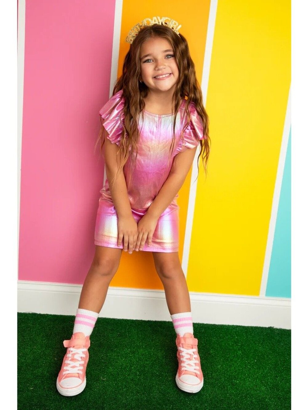 Appaman Girls Sparkle Sandy Dress Pink & Gold Metallic Ruffle Sleeve Dress Sz 5